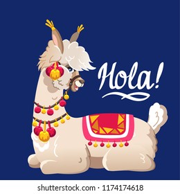 Illustration with llama. Vector image on blue background. Greeting card with Alpaca.