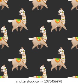Illustration with llama. Vector seamless pattern on botanical background. Greeting card with Alpaca. Seamless pattern.