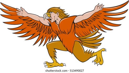 Illustration of a Lleu  or Lleu Llaw Gyffes, half man half eagle spreading wings viewed from the side on isolated white background done in cartoon style. 