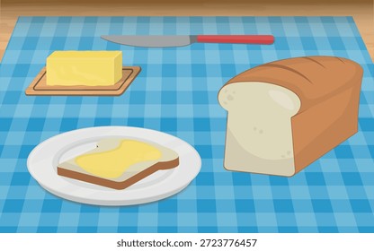 Illustration von Laib Brot mit Butter zum Frühstück. Laib Brot, ​ geschnitten​ Brot, Butter, Messer und weiße Platte auf einem blau karierten Tischdecke.