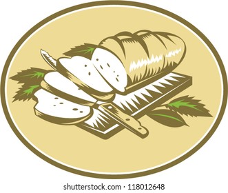 Illustration of loaf of bread sliced on chopping board with knife and leaves done in retro woodcut style.