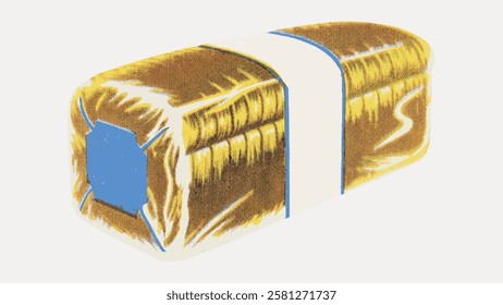 Illustration of a loaf of bread wrapped in clear plastic. Bread loaf with a blue label. Fresh bread, packaged bread, and loaf are key elements. Vintage food illustration isolated on white, vector.