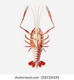 Illustration of a lobster with detailed claws and antennae. Lobster depicted in shades of red and orange. Lobster art with a focus on symmetry and texture. Vintage marine life illustration vector.