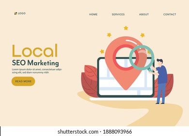 ilustración del marketing SEO local, gente buscando dirección local, listado local en mapas - página de aterrizaje de vector conceptual 