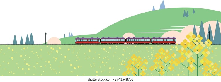 Illustration of a local train running through a field of rapeseed flowers with spring mountains in the background