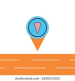 Illustration of a location pin with a pink triangle inside a blue circle above an orange road design