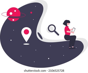 illustration of location search with woman, location icon, and search icon. Vector illustrations