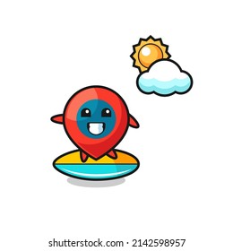 Illustration of location symbol cartoon do surfing on the beach , cute design