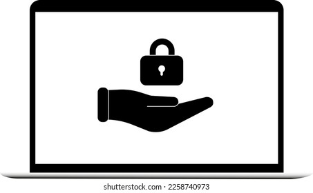 Illustration of a lock above the hand, in the laptop screen