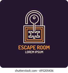 Illustration of lock and key. Real-life room escape and quest game emblem.