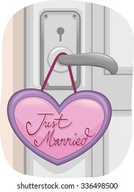 Illustration of a Locked Door with a Just Married Sign Dangling from the Knob