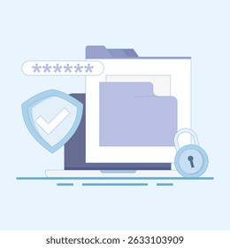 Illustration of locked file folder with password and fingerprint for privacy access. File security and safety. Folder lock app or software. Putting password on document. Flat style illustration.
