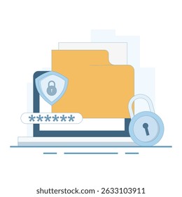 Illustration of locked file folder with password and fingerprint for privacy access. File security and safety. Folder lock app or software. Putting password on document. Flat style illustration.