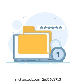 Illustration of locked file folder with password and fingerprint for privacy access. File security and safety. Folder lock app or software. Putting password on document. Flat style illustration.