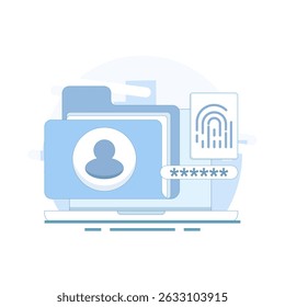Illustration of locked file folder with password and fingerprint for privacy access. File security and safety. Folder lock app or software. Putting password on document. Flat style illustration.