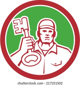 Illustration of a locksmith standing carrying key viewed from the front set inside circle on isolated background done in retro style.