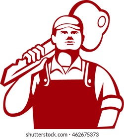 Illustration of a locksmith standing facing front carrying key on shoulder set on isolated white background done in retro style.