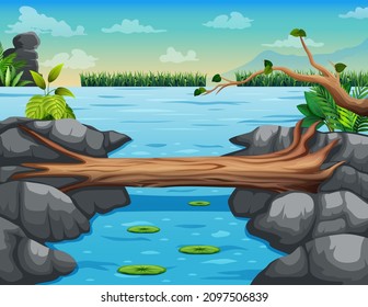 Illustration log bridge and beautiful river