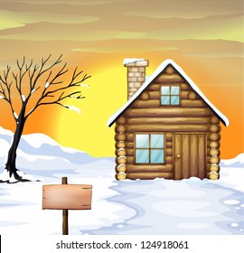 Illustration of a log cabin and dead tree on a snowy field