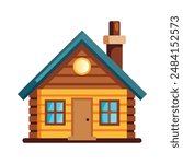 illustration of log cabine house wooden with chimney door and windows