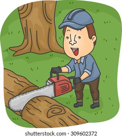 Illustration of a Logger Cutting a Fallen Tree with a Chainsaw