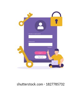 illustration of a login or sign up page with a man sitting using a laptop and keys in front of the registration form. username and password fields. can be used for landing page design elements and web