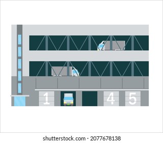 Illustration of Logistics Center, a distribution center where simple trucks run White background