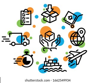 Illustration of Logistics, delivery, transportation - outline web icon set