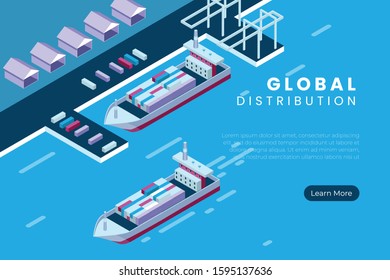 illustration of logistics delivery via cargo ship, the process of distributing goods through the port in isometric 3d illustration style