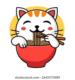 illustration or logo of cat eating noodles in bowl vector