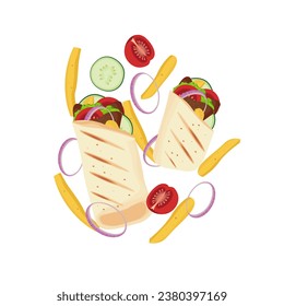 Illustration Logo Chicken Shawarma Levitation With Vegetables And French Fries