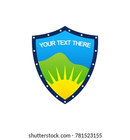 Illustration of a logo combining a shield, mountains and sun.