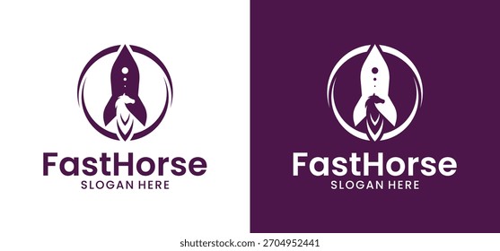 Illustration of a logo design combining a rocket with a horse. Vector icon of a rocket with a horse head symbolizing speed.