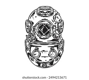 illustration logo design graphic vector drawing retro vintage merch outline coloring dive diving helmet sea diver aquatic ocean antique