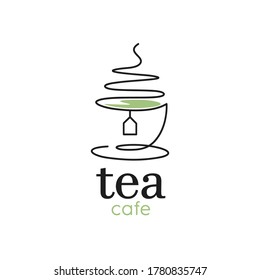 Illustration logo design of green tea cup with elegant fine line style