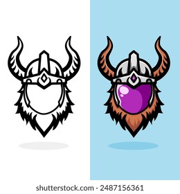 illustration of a logo design with an image of a viking helmet mixed with a glass mask, a combination of traditional and modern