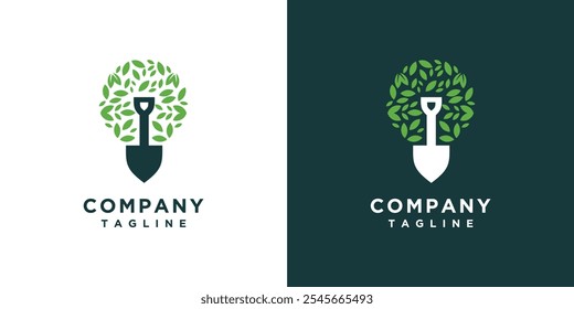 illustration of logo design of shovel tree. gardening logo concept shovel and nature tree	
