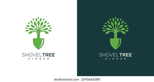 illustration of logo design of shovel tree. gardening logo concept shovel and nature tree	