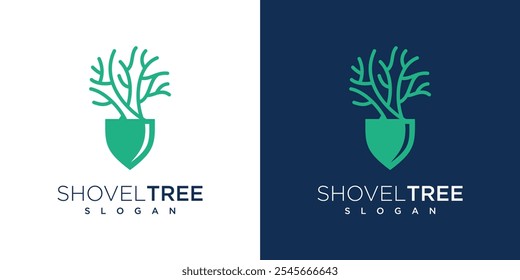 illustration of logo design of shovel tree. gardening logo concept shovel and nature tree	