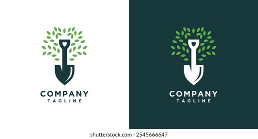 ilustração do projeto do logotipo da árvore da pá. conceito do logotipo da jardinagem pá e árvore da natureza	