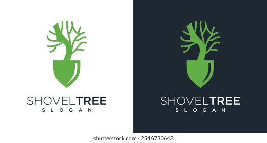 illustration of logo design of shovel tree. gardening logo concept shovel and nature tree	
