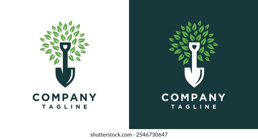 Ilustración del diseño del logotipo del árbol de la pala. Concepto de logotipo de jardinería Pala y árbol de la naturaleza	
