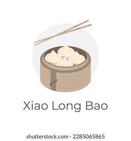 Illustration logo of dumpling Xiao Long Bao or shoronpou stuffed bun in a bamboo steamer