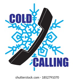 Illustration, logo, emblem of cold calling teleoperator with phone handset and a snowflake