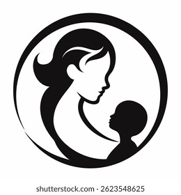 Illustration of A logo featuring a loving mother and her baby in silhouette, designed in a circle shape. Vector Isolated outline  on white background. 