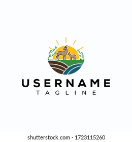 Illustration logo of a goat on a hill at sunset/sunrise.