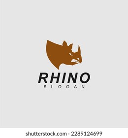 An illustration logo of a golden rhino head on a white background
