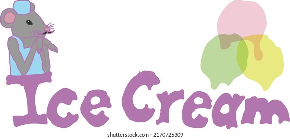 Illustration of the logo for ice cream. Mouse, ice cream balls, pink, eps ready to use. For your design. For decoration, postcards and stickers
