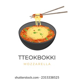 Illustration Logo Korean Rice Cake Tteokbokki With Melted Mozzarella Cheese And Eaten With Chopsticks