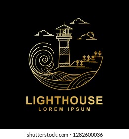 Illustration logo lighthouse outline style isolated black background